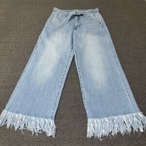 Sneak Peek High Rise Cropped Wide Leg Fringe Jeans Womens Size 3/W26 Boho Casual